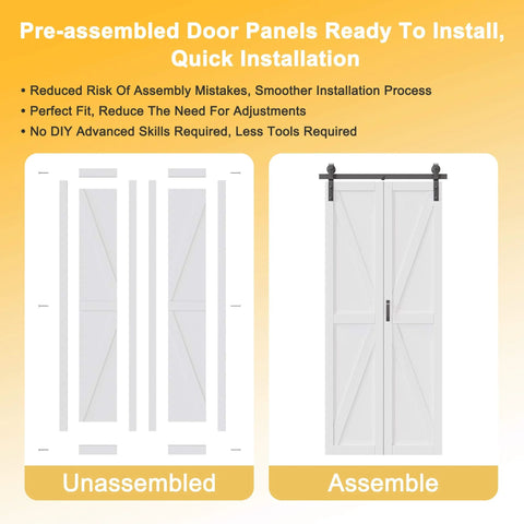 Space Saving Bifold Barn Door Kit With Pre Assembled Panels And Sliding Hardware No Sweat Install Solid Core Water Resistant Finish Easy Assembly K Shape Bi Fold Door 32 By 84 Inches For Tight Openings showing unassembled and assembled views
