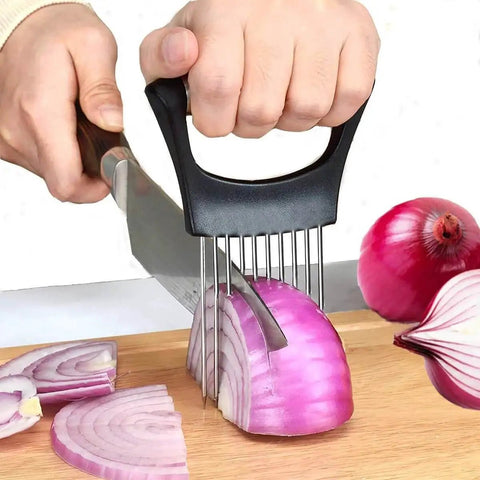 Onion being sliced with black handle onion holder from 5 Blade Herb Scissors And Kitchen Shears Set For Herb Cutting Seafood Scissors Onion Holder Slicer And Potato Crinkle Cutter Heavy Duty Pro Grade Stainless Steel Yamesu Kitchen Gadget Salad Tools 5 Sets