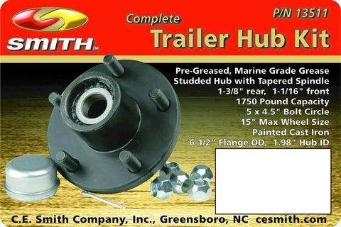 Trailer Hub Kit For Boat Trailers With 1.37 Inch Tapped Stud Pattern, 5 Studs And 4.5 Inch Bolt Diameter, 1750 Lb Capacity, Marine Grade, Easy Install With Pre Greased Bearings, Compatible With 15 Inch Wheels And Fenders By CE Smith.