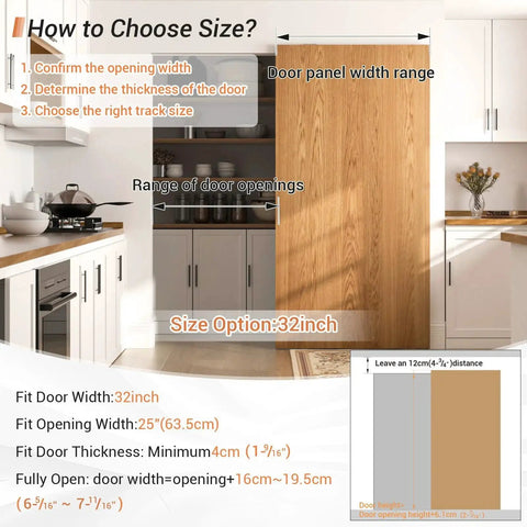 Kitchen with 32 Inch Concealed Sliding Barn Door Hardware Kit With Two Soft Close Mechanisms Aluminum, wall mount, no floor track.