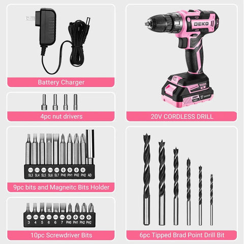 Pink Cordless Drill Kit With Battery And Charger, 20V Electric Power Drill For Women, includes bits and accessories.