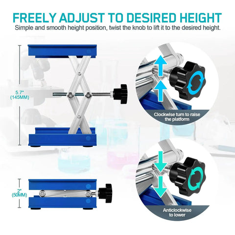 2 Pack Lab Jack Stands 4x4in Aluminum Lifting Platform 5kg Capacity, showing adjustable height knobs and platform measurements