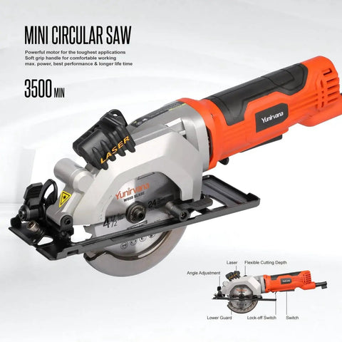 Powerful 4 Amp Mini Circular Saw with Laser Guide and Vacuum Adapter, shown with rip guide and two 24T blades, side view
