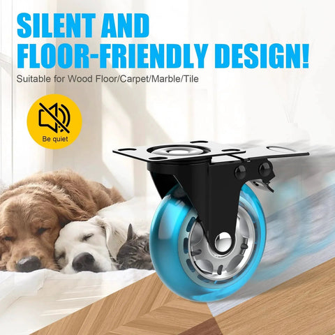 3 Inch Plate Caster Wheels Heavy Duty With Brake 1200 Lbs Set Of 4 Locking 360 Degree Swivel No Noise Polyurethane Blue Castors