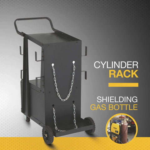 Two Tier Welding Cart With Locking Cabinet, Heavy Duty Shop Organizer, gas cylinder rack, cable wraps, swivel casters visible