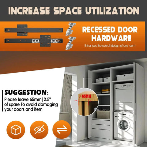 Heavy Duty Cabinet Pocket Door Hardware Set With 22 Inch Slides 45 Pound Capacity Smooth Glide For Kitchen Pantry And Closet Doors Q235 Steel Construction Suitable For 18 To 20 Mm Door Thickness 2 Pack installed in laundry area with cabinets
