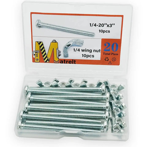 Open plastic box displaying 1/4-20 Wing Nuts And 1/4-20 X 3-Inch Phillips Head Machine Screws Kit Zinc Plated Carbon Steel With 10 Hand Tighten Wing Nuts And 10 Phillips Screws