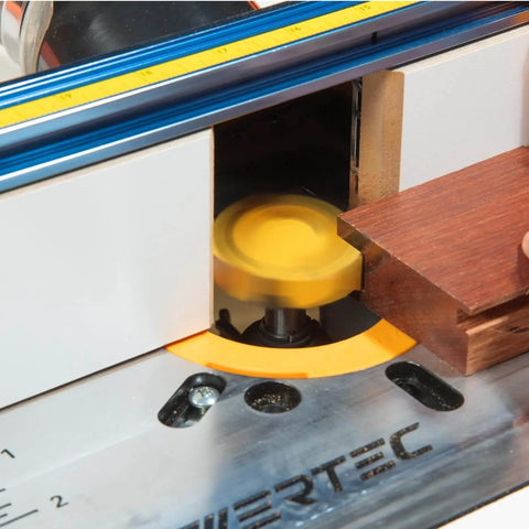 Installed slab flattening router bit, one quarter inch shank, two inch diameter, cutting wood, for CNC wood surfacing milling.