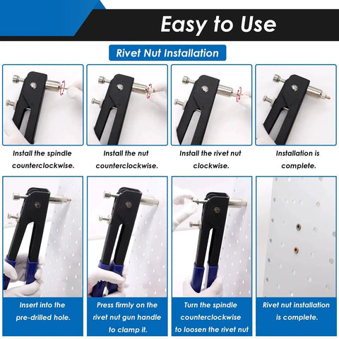 Rivet Nut Tool Kit With 7 Mandrels And 455 Rivet Nuts showing installation steps on a perforated panel