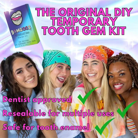 Smiling women with DIY Tooth Gem Starter Kit packaging, promoting temporary crystal gems for non-invasive tooth jewelry application.