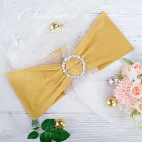 Gold Spandex Chair Sashes 30 Piece With Sliders For Wedding Banquet Decor, shown with stretch fabric and slider buckle.
