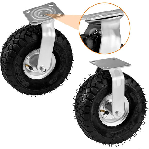 Heavy Duty Pneumatic Casters 10 Inch 4 Pack With 2 Swivel And 2 Rigids, 1200 Lbs Capacity, Rubber Wheel close-up view