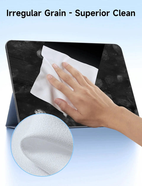 Hand using 50 Pack Microfiber Cleaning Cloths 6x6 Inches Safe For Lenses Screens Devices on tablet screen