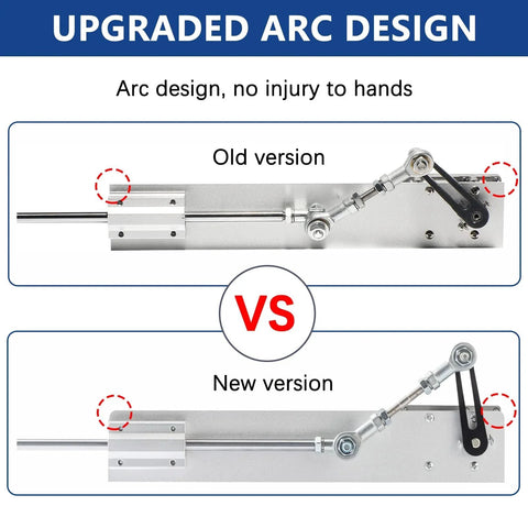 Comparison of old and new arc designs for an Adjustable 24V Reciprocating Linear Actuator with safety features highlighted.