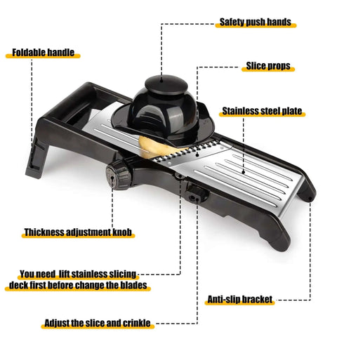 Adjustable stainless steel mandoline slicer with 7-in-1 blades, showing foldable handle and safety push hands for stable slicing.