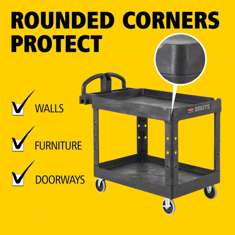 Two Shelf Foam Utility Cart With Lipped Shelves And Ergonomic Handle Black 500 Lb Capacity Durable Rolling Cart with Rounded Corners