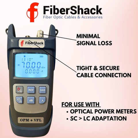 Front view of FiberShack optical power meter and VFL handheld tester with blue backlit LCD display.