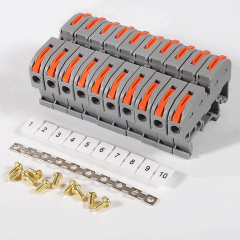 DIN Rail Terminal Blocks Kit With 30 Universal Compact Wire Connectors 3 Marker Strips 3 Connection Bars And 30 Screws For 28 12 AWG Wires