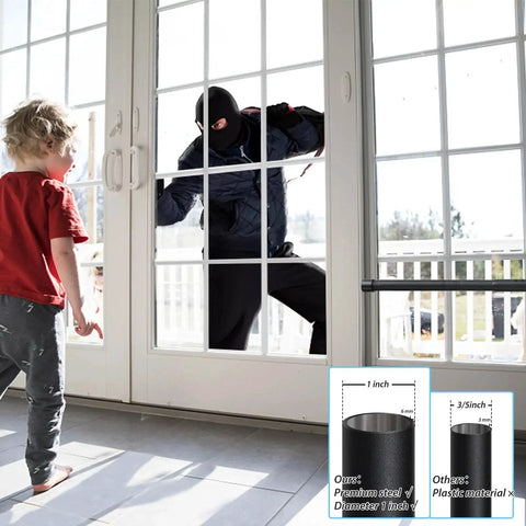 Two In One Sliding Door Security Bar Adjustable From 16 To 51 Inches Two Pack Heavy Duty Interior Window And Patio Door Security Rod Black Childproof Extra Long Fits Most Sliding Glass Doors And Windows With Adjustable Width For Easy No Tool Installation installed on glass doors with person approaching outside and child inside