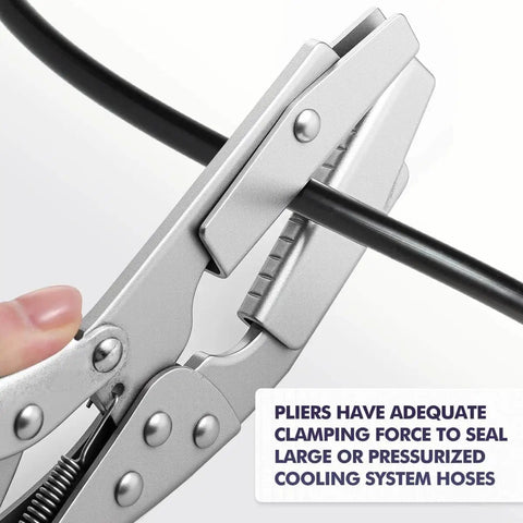 Close-up of Four Pack 10 Inch Radiator Hose Clamp Pliers in use on a hose, highlighting clamping force