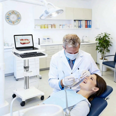 Dental trolley cart with laptop tray on aluminum alloy bracket, front view.