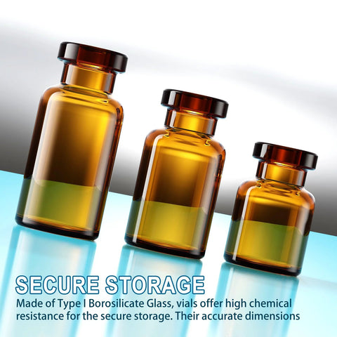 Sterile amber glass vials with aluminum caps, 10 ml each; set of three
