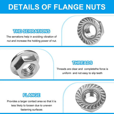 Details of Stainless Steel 304 Serrated Flange Hex Nuts Kit M6 X 1mm Full Thread 50 Pcs Beefed Up Locknuts with serrations and threads.