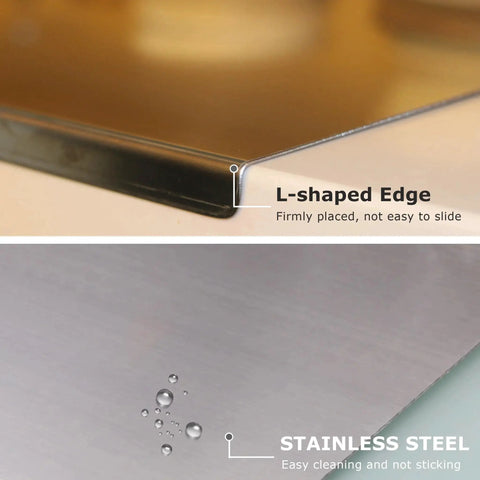 Close-up of stainless steel cutting board for kitchen showing L-shaped edge and water-resistant metal surface.