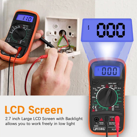 Digital Multimeter Voltmeter And Battery Tester With Backlit LCD For AC DC Voltage DC Current Resistance Continuity Diode Transistor HFE Test And Car Battery Check Includes Test Leads displaying LCD screen during electrical testing.