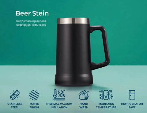 Adventure Ready Black Stainless Steel Beer Stein And Coffee Tumbler With Thermal Vacuum Insulation, 24 oz, matte finish, side view