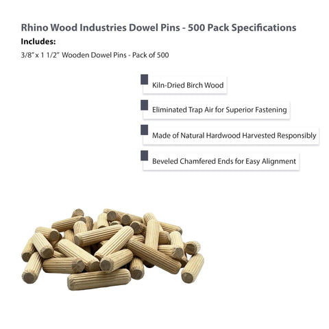 3/8 In X 1-1/2 In Dowel Pins, 500 Pack, Kiln-Dried Birch Hardwood with fluted and beveled ends, displayed on white background