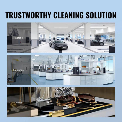 Cleaning solution banner on blue background with three panels labeled Garage, Laboratory, and Home.