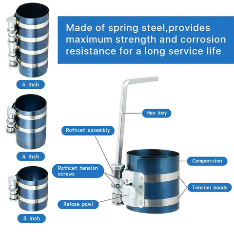 All In One 8 Piece Piston Ring Compressor Kit For Car Engines With Adjustable 3 Inch 4 Inch And 6 Inch Diameters