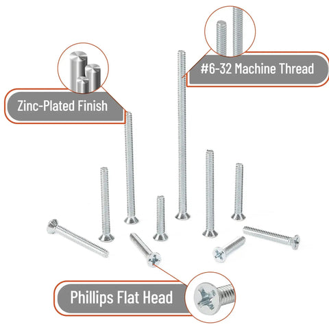 370 Piece Size 6 32 Flat Head Phillips Machine Screws Set Zinc Plated shown with zinc finish and various lengths