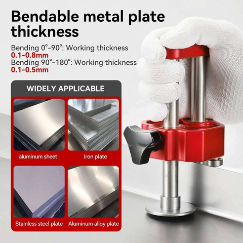 Lightweight 1 Station Sheet Metal Roller Bender in use, bending metal; red device with 6 inch butterfly wheel for curved surfaces