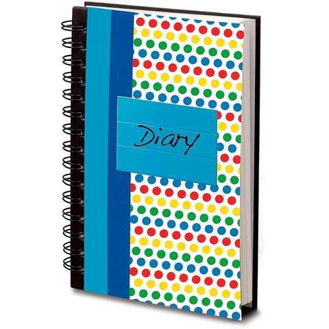 Colorful polka dot diary with blue label and black spiral binding