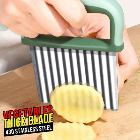 Two Pack Stainless Steel Wavy Crinkle Cutters For Veggies And Fries Durable Home Kitchen Tool shown slicing a potato on a board