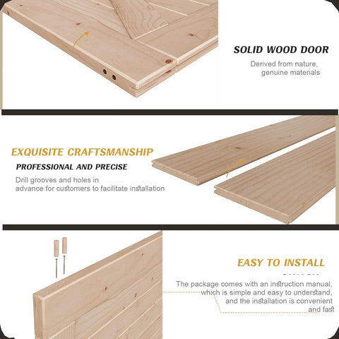 Three views of 36 Inch By 84 Inch Wood Barn Door With Six Point Six Feet Hardware Kit Included, showing solid wood panels and installation details.