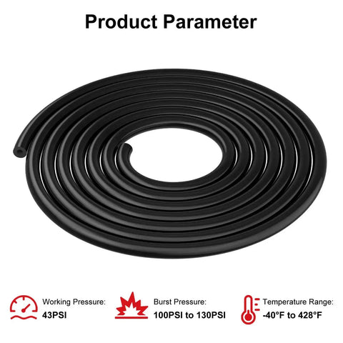 Durable 10-foot black silicone vacuum hose with 1/4 inch inner diameter, FDA food-grade, 43 PSI working rating, automotive use