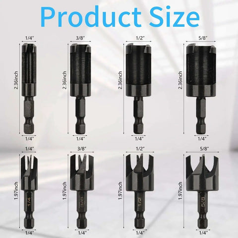 Image of Durable Wood Plug Cutter Set For DIYers And Pros, 8 Pack With Straight And Tapered Bits In 1/4, 3/8, 1/2, 5/8 Inch