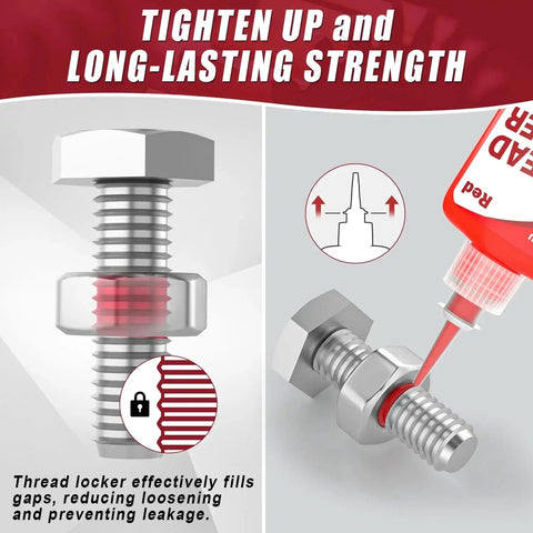 Red thread locker being applied to a bolt, illustrating usage of Blue And Red Thread Locker Kit 50ml Each Two Pack For Nuts Bolts And Fasteners Heavy Duty Medium And High Strength Lock Tight Against Loosening And Leakage Ideal For Automotive Industrial Machinery And General Repairs