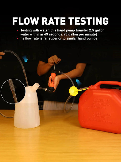 Manual Gasoline Transfer Siphon Pump With Shark Bite Connection during flow rate test next to red fuel canister and white container.