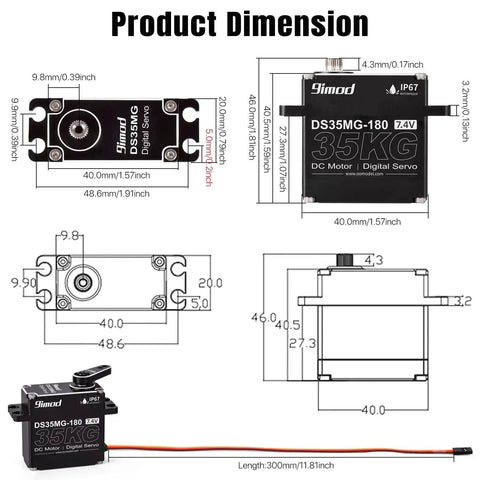 Dimensions of Waterproof 35Kg Beefy Torque RC Steering Servo With Full Metal Gear, digital high speed, IP67 rated servo motor.