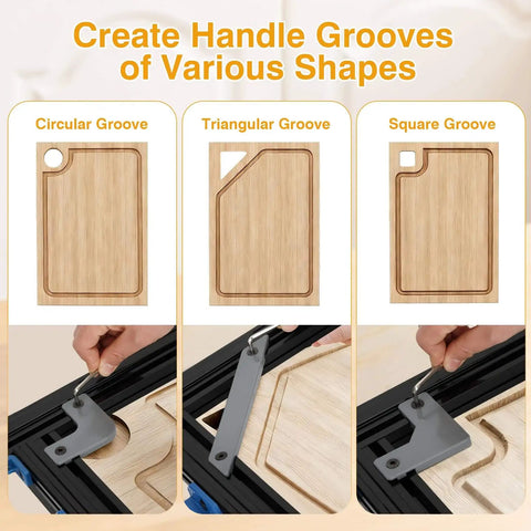 Adjustable Router Jig For Cutting Boards Up To 18 By 18 Inches showing circular, triangular, and square groove guides.