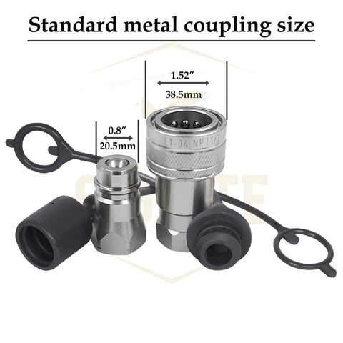 Two metal ISO A hydraulic quick-disconnect couplers with black dust caps and lanyard rings