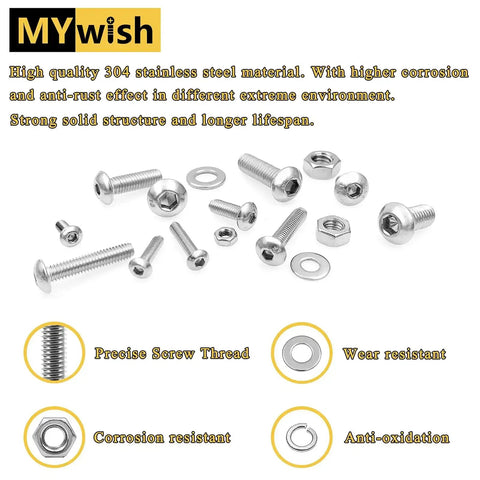 800 Piece M2 Screw And Nut Kit With Stainless Steel Bolts And Nuts Hex Socket Button Head Screws Flat And Spring Lock Washers For DIYers And Tinkerers Includes Hex Wrenches M2 Thread Lengths 4 6 8 10 12 16 20mm laid out on white background