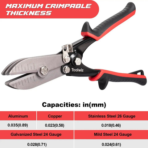 Five Blade Sheet Metal Tools Toolwiz Duct Crimping Tool for 24 to 26 Gauge, 10.5-inch, stainless steel blades, red and black handle.