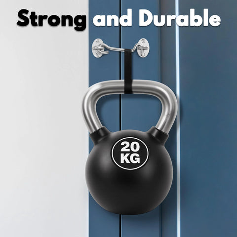 Privacy Hook And Eye Latch For Barn Doors Two Pack Stainless Steel holding 20 kg kettlebell on blue door