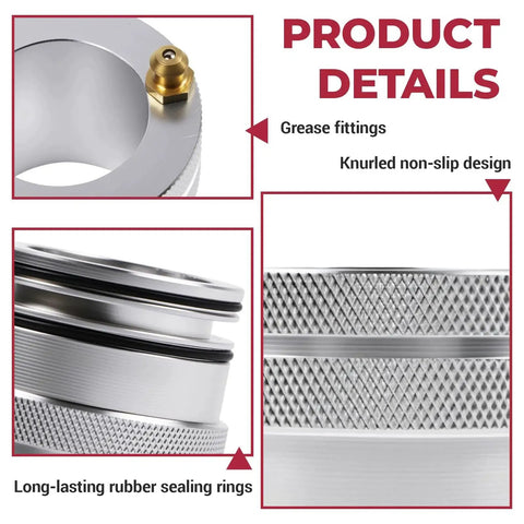 Close-up of 44mm Front And Rear Wheel Bearing Greaser Kit Aluminum UTV Tool Kit for Polaris, showing grease fittings and knurled design.