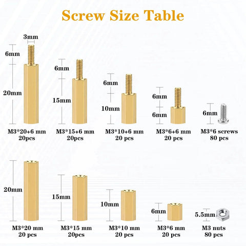 Screw size table for 320Pcs M3 Motherboard Standoffs Screws Nuts Kit With Brass Spacer Standoffs